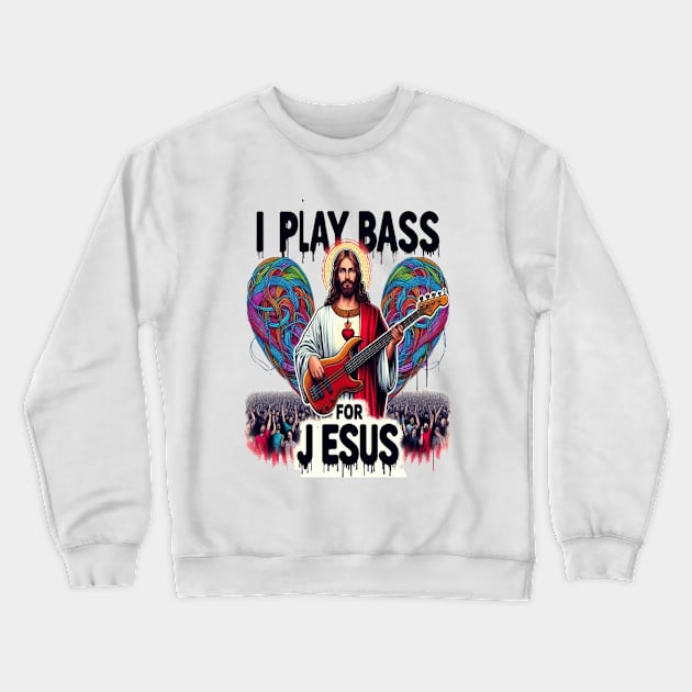 Jesus Depicted as a Bass Guitarist Performing for a Cheering Crowd Crewneck Sweatshirt by coollooks